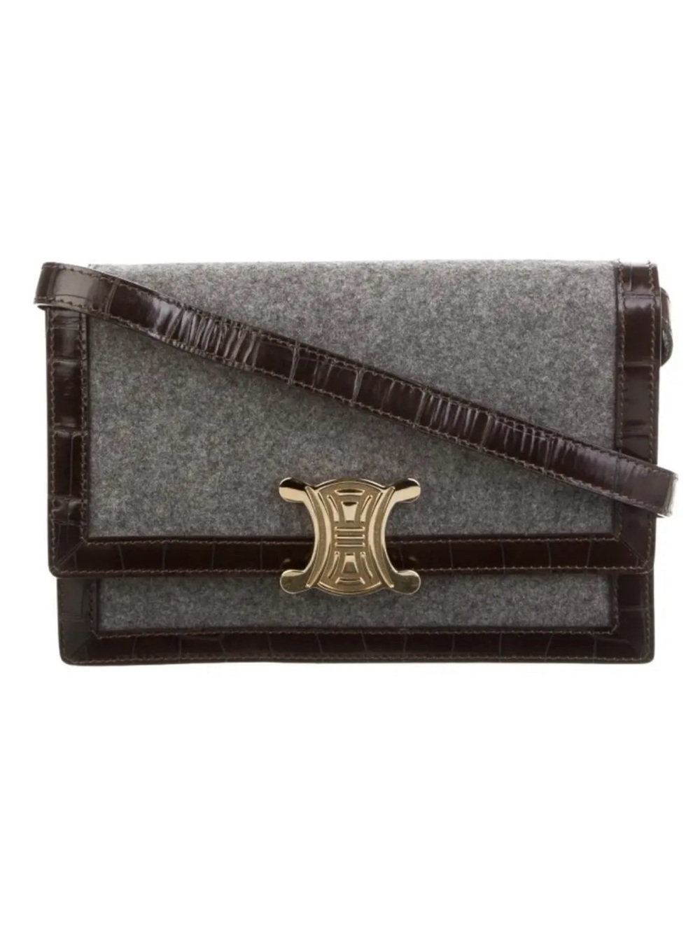 Celine Vintage Triomphe Gray Wool and Dark Brown croc Leather Shoulder Bag